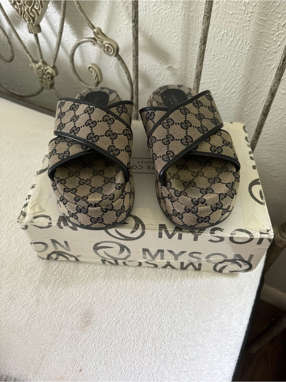 Excellent Preowned Condition Authentic Gucci Monogram Cross-Strap Wedge Slides - Picture 4 of 16